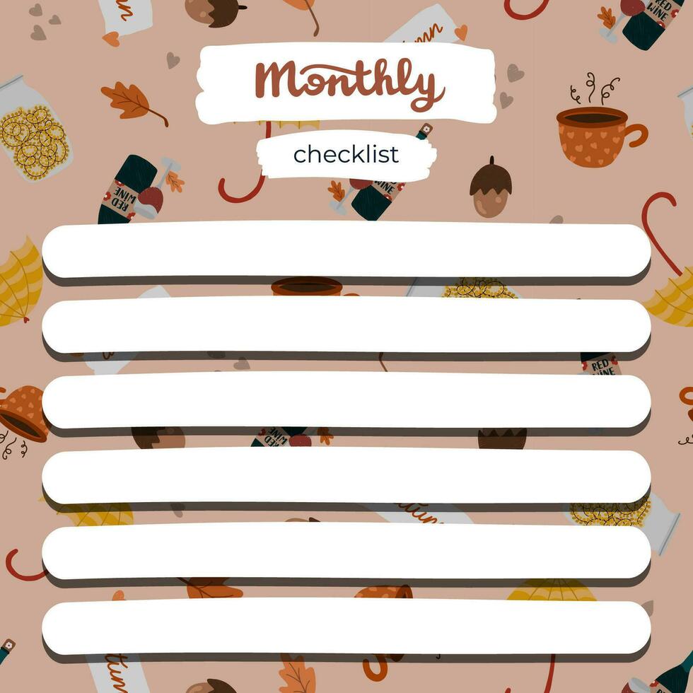 Cozy scrapbook templates for planner. Notes, to do, to buy and other with hygge autumn clip arts of seasonal clothes, drinks, decor. With editable illustrations. For school, university schedule. vector