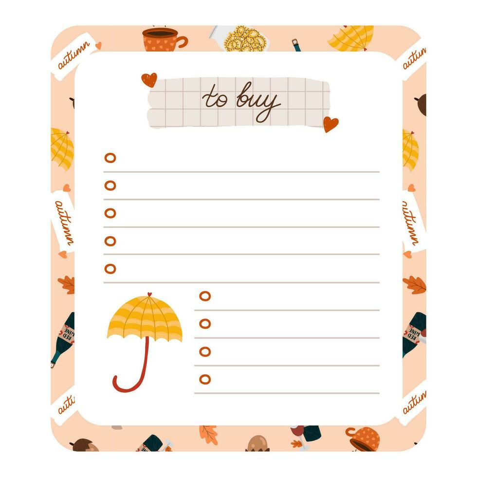 Cozy scrapbook templates for planner. Notes, to do, to buy and other with hygge autumn clip arts of seasonal clothes, drinks, decor. With editable illustrations. For school, university schedule. vector