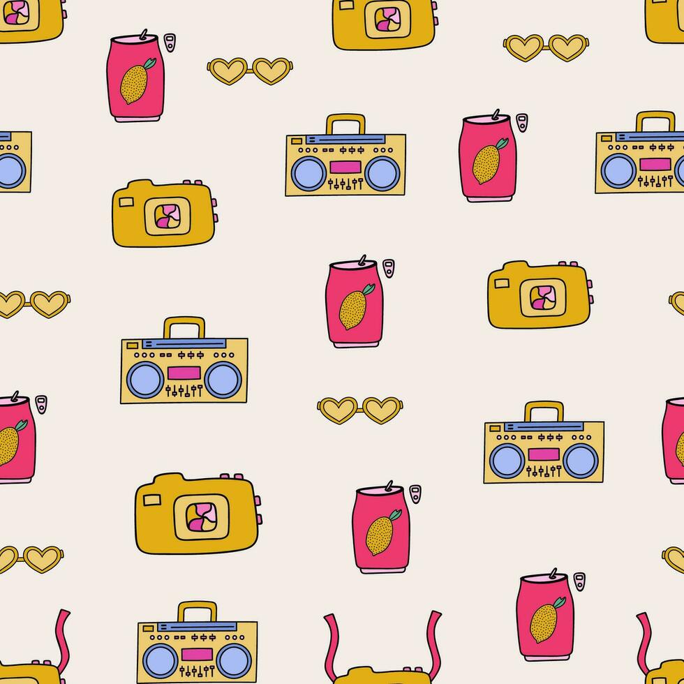 Cute summer seamless pattern with radio, sunglasses, carbonated drink, camera vector