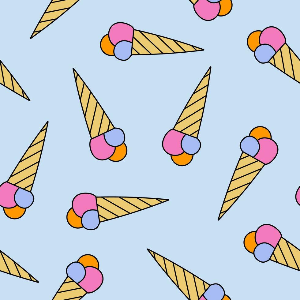 Cute and colorful vector seamless hand drawn pattern with ice cream. Can be used at the posters, wrapping paper, for bedclothes, socks, towels, notebook, postcard, packages, gift paper.
