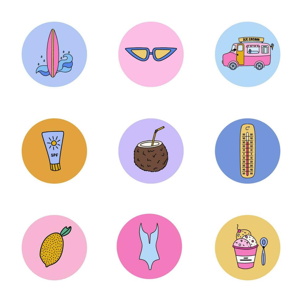 Cute hand drawn set of vector highlights for social media. Icons set about vacation, summer trips, traveling, holidays. Vector doodle illustrations in bright palette