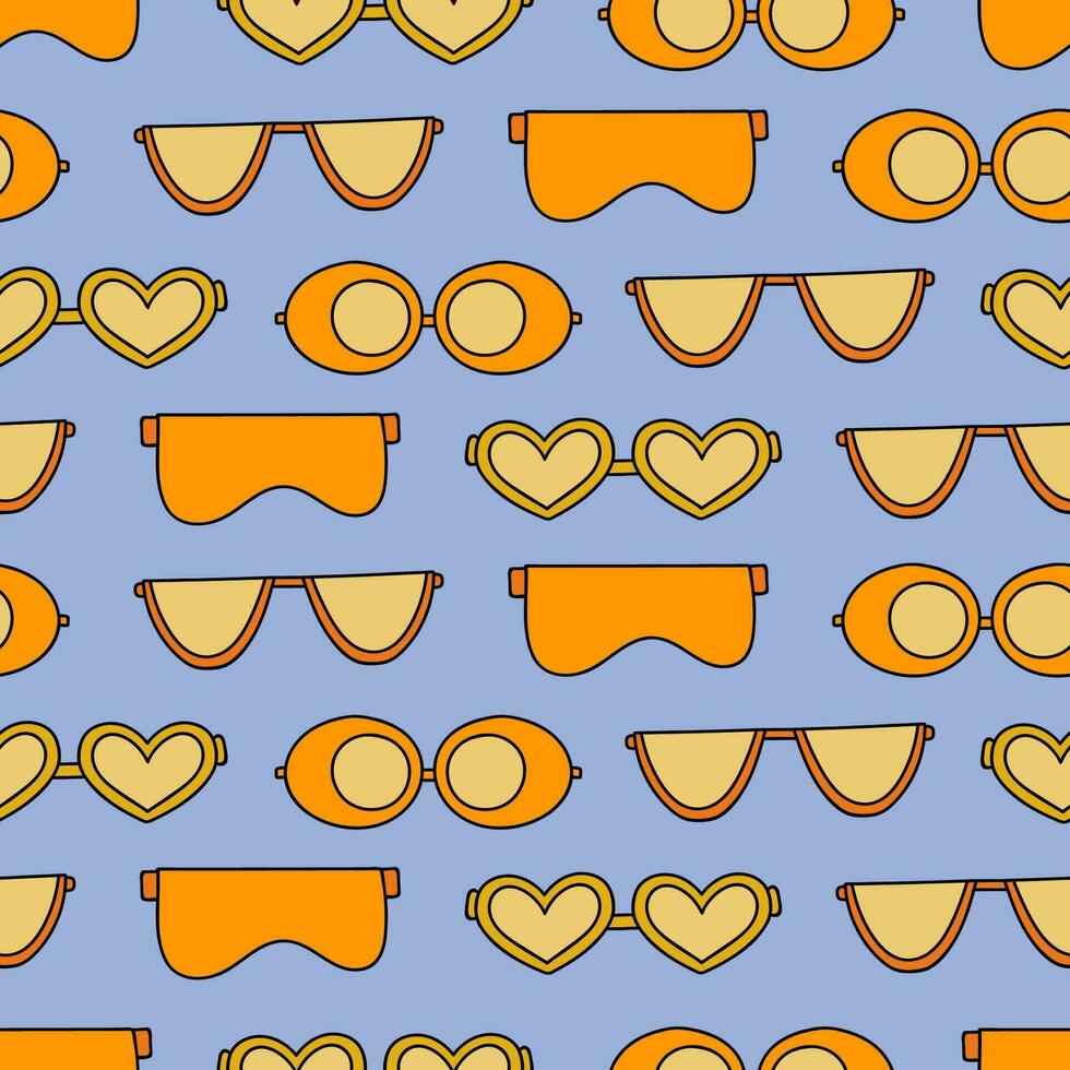 Cute and colorful vector seamless hand drawn pattern with sunglasses, eyeglasses and goggles. Can be used at the posters, wrapping paper, for fabric, bedclothes, notebook, packages, gift paper