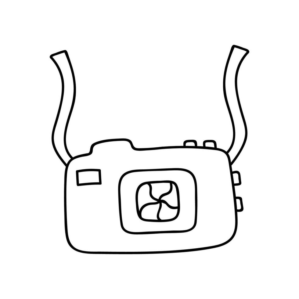 Cute retro photo camera. Vector clipart illustration isolated on the background. Colorful doodle with hand drawn outline.