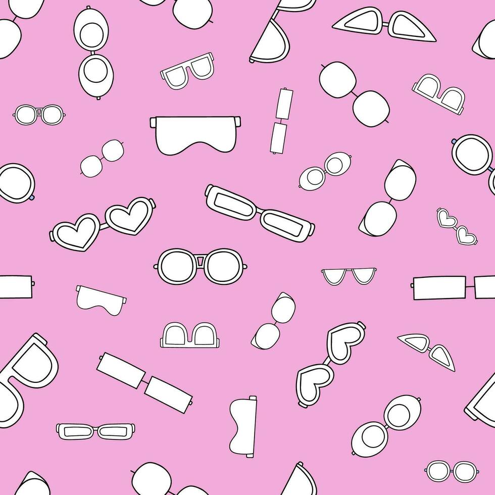 Cute and colorful vector seamless hand drawn pattern with sunglasses, eyeglasses and goggles. Can be used at the posters, wrapping paper, for fabric, bedclothes, notebook, packages, gift paper.