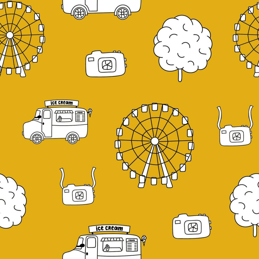 Cute and colorful vector seamless hand drawn pattern with amusement park. Can be used at the posters, wrapping paper, for bedclothes, socks, towels, notebook, postcard, packages, gift paper