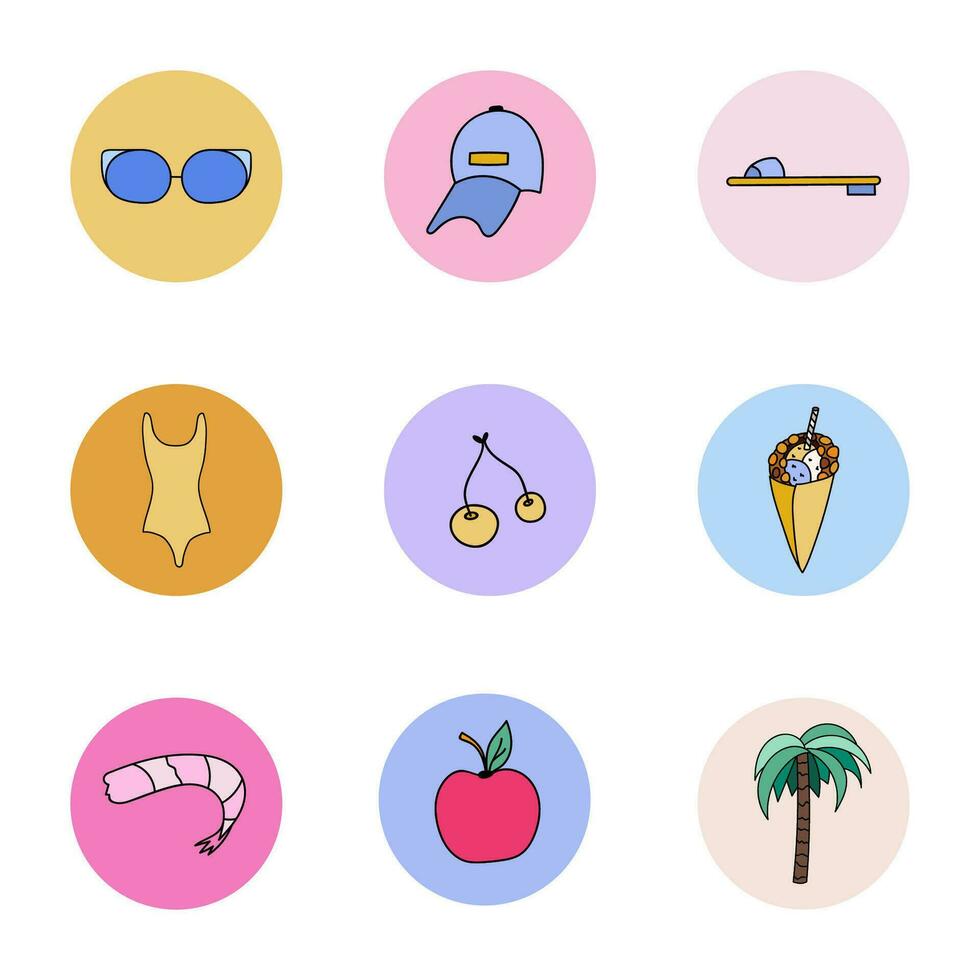 Cute hand drawn set of vector highlights for social media. Icons set about vacation, summer trips, traveling, holidays. Vector doodle illustrations in bright palette