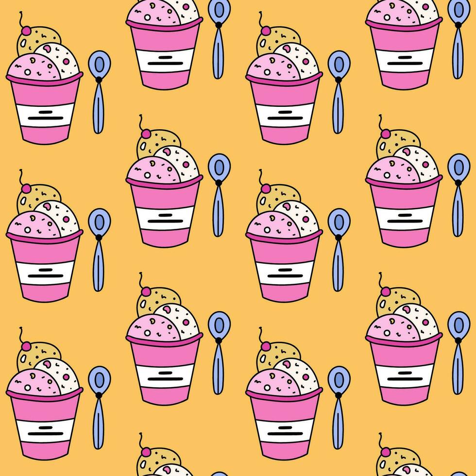 Cute and colorful vector seamless hand drawn pattern with ice cream. Can be used at the posters, wrapping paper, for bedclothes, socks, towels, notebook, postcard, packages, gift paper