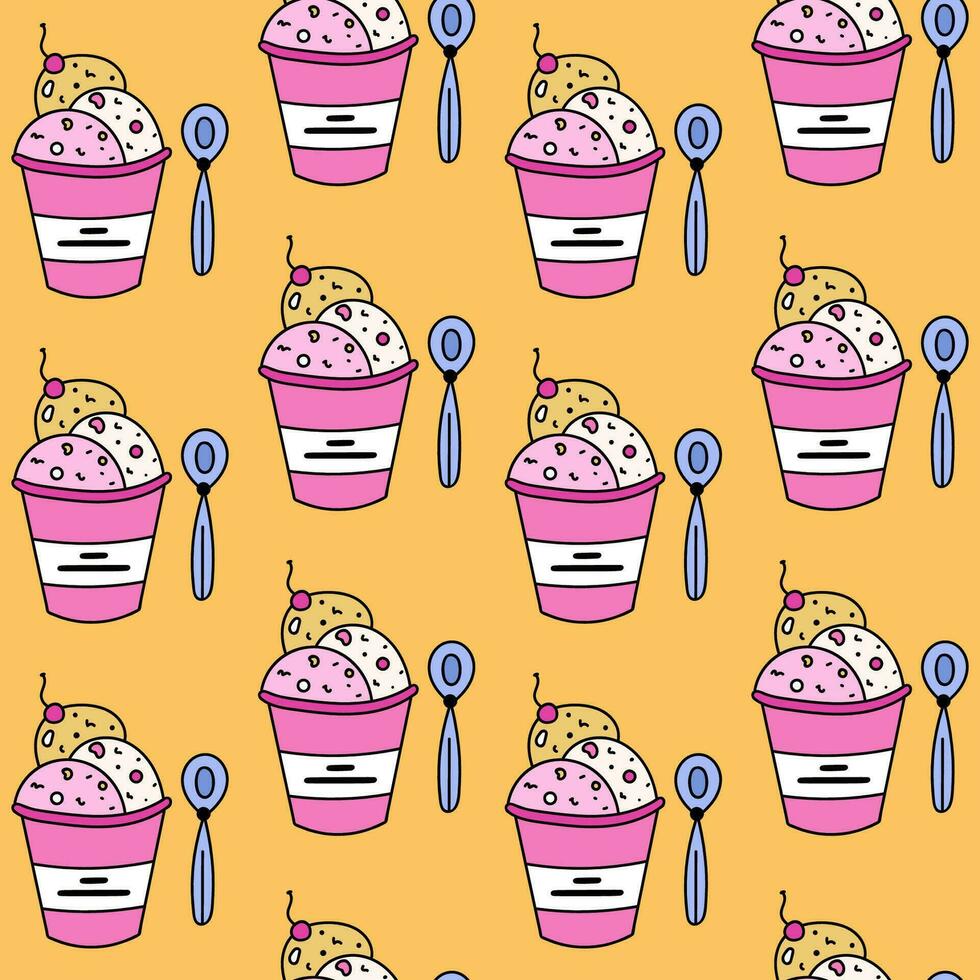 Cute and colorful vector seamless hand drawn pattern with ice cream. Can be used at the posters, wrapping paper, for bedclothes, socks, towels, notebook, postcard, packages, gift paper