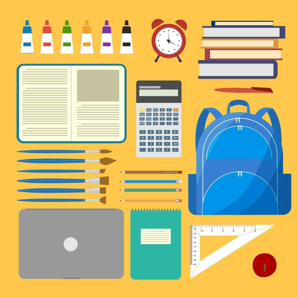 Flat design of school supplies. Calculator, apple, magnifier, eraser, pens, brush, scissors, ruler, notebook, backpack. vector