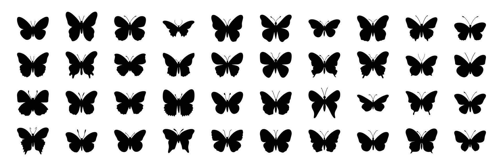 Large set of silhouette butterfly. Black silhouette of butterfly isolated on white background. Vector illustration.
