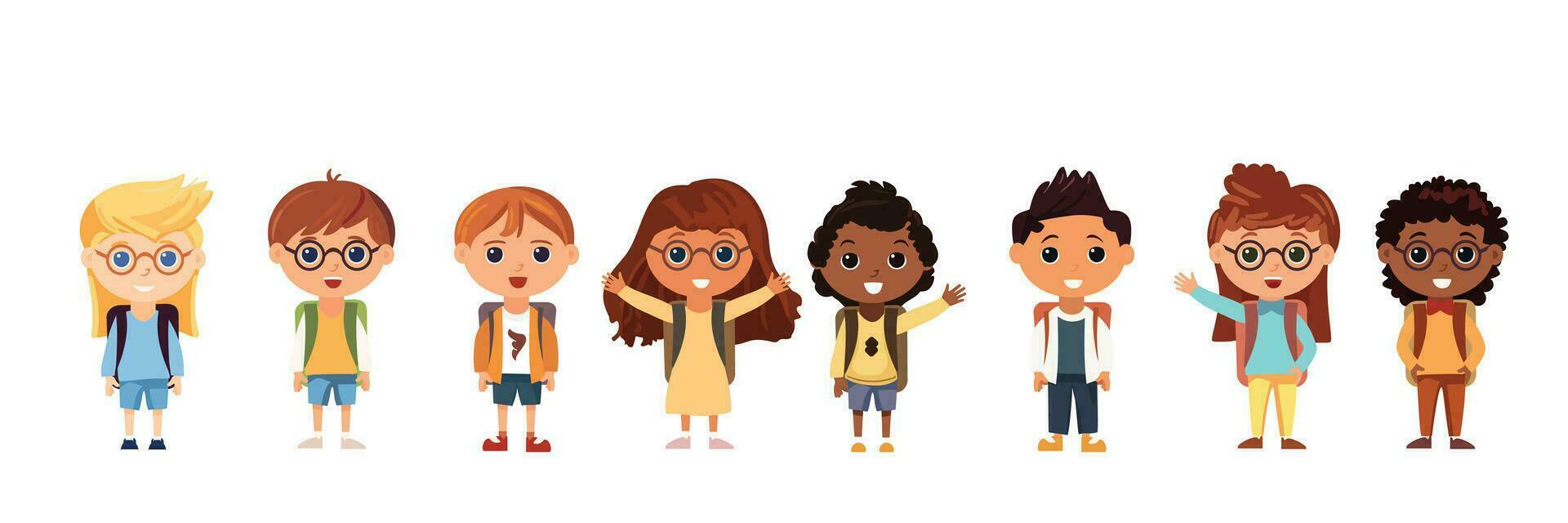 Happy kids cartoon collection. Multicultural children with backpack in different positions isolated on white background. Big set schoolchildren. Vector illustration.