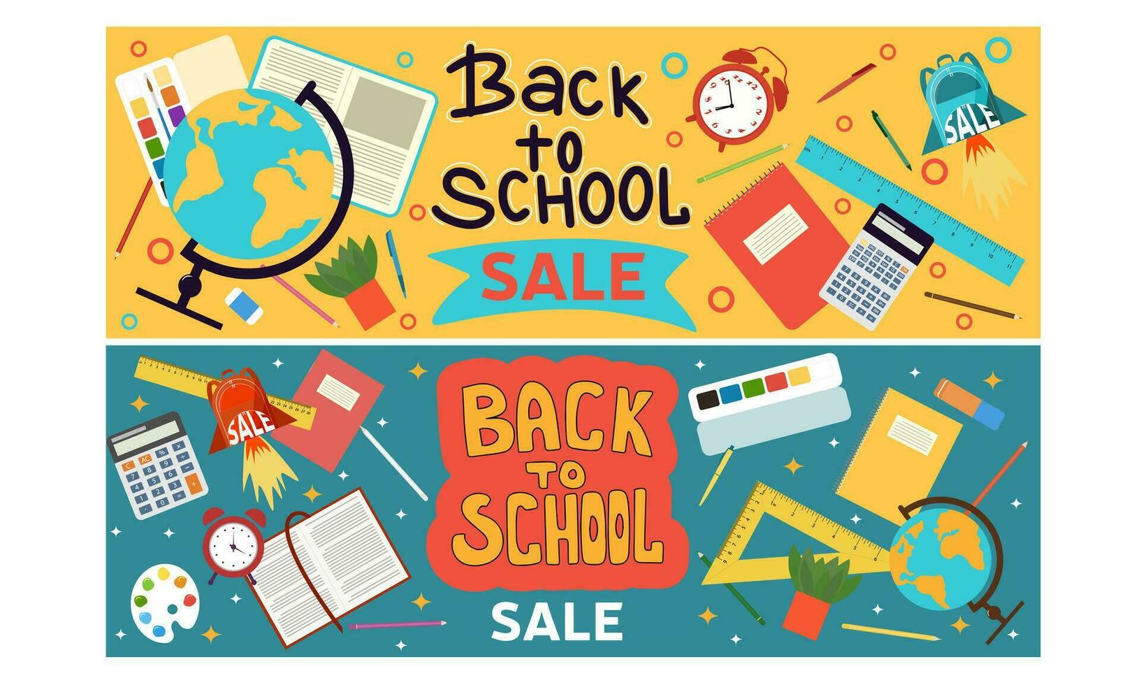 Colorful back to school banner set. Colorful back to school templates for invitation, poster, banner, promotion,sale etc. School supplies cartoon illustration. Vector back to school design templates.