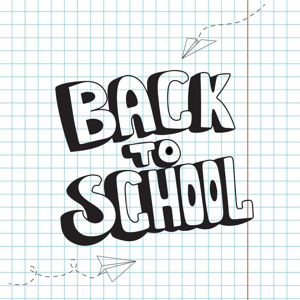 Back to school in doodle style on checkered paper background, vector illustration