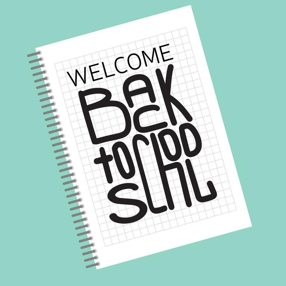 Welcome Back to school square banner, doodle on checkered paper background, vector illustration.