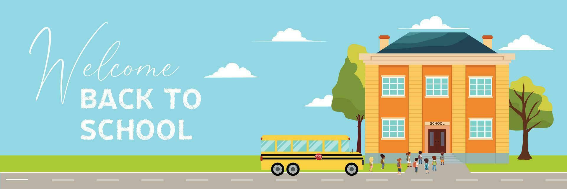 Welcome back to school horizontal banner with school building, school buss and children go to school. Panoramic background with graduation concept in flat style vector