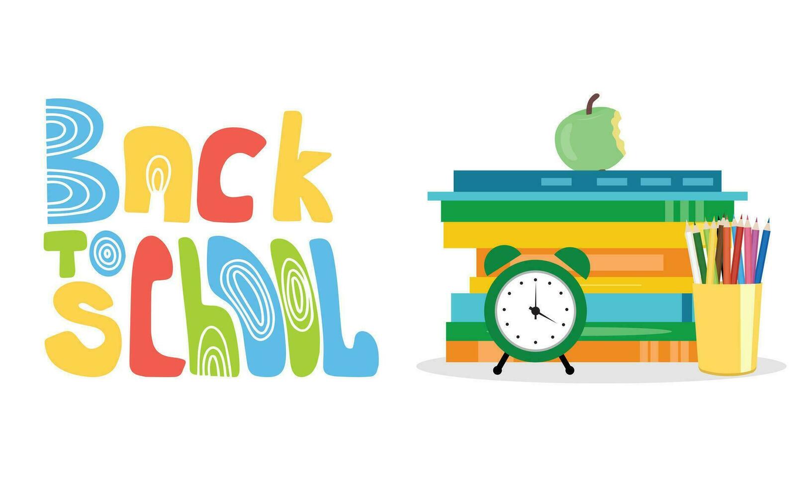 Concept education banner. Back to school text and book with pencil and apple and alarm. Symbol of school. Vector illustration.