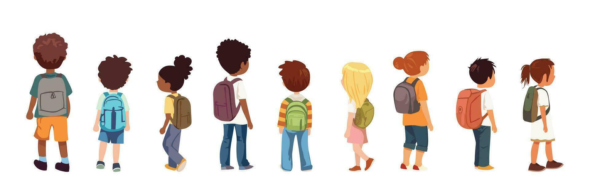 Back to school children back view. Little boys and girls go to school isolated on white background. They hold hands. Children with backpacks illustration isolated on white, back view. vector