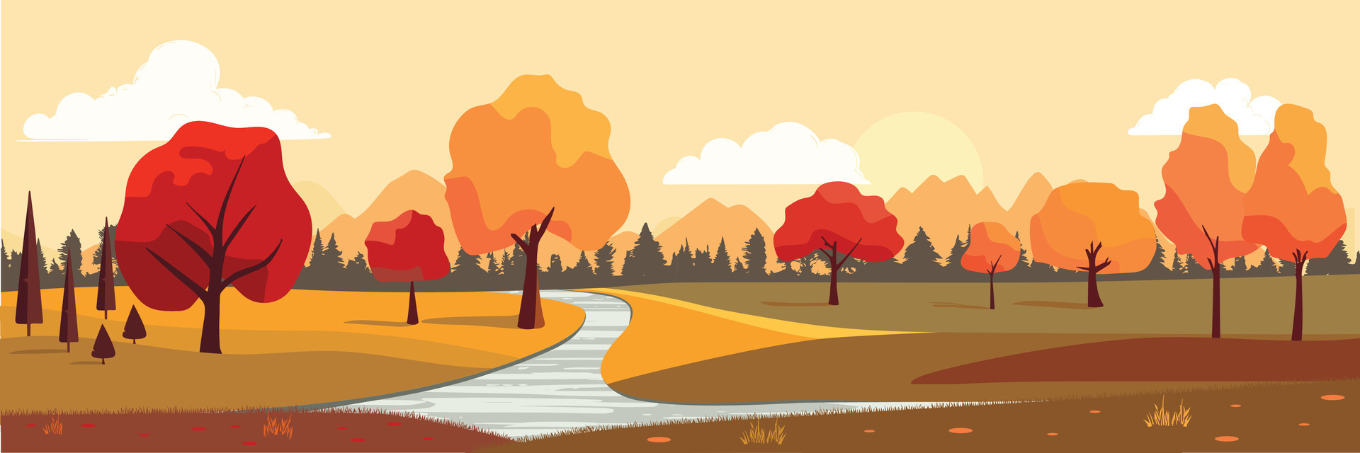 Autumn long banner. Nature fall landscape. Peaceful scenery of natural
