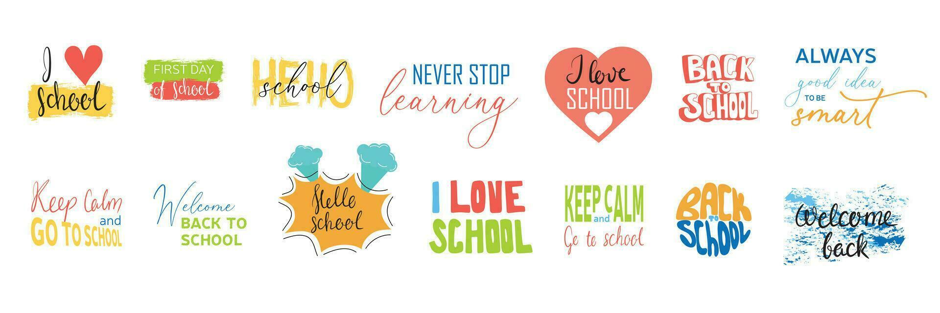 Vector hand drawn set of icons with school phrases and lettering quotes. Back to school message. Cute cartoon art. Study collection.