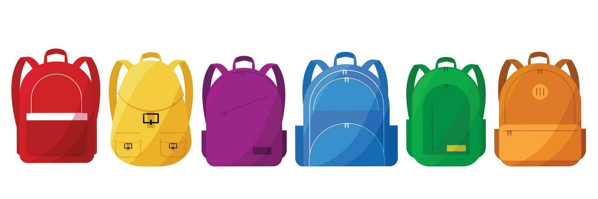 Set of school backpack in row. Colored closed school backpack. Education and study back to school, schoolbag. Backpacks with study supplies. Student satchels vector