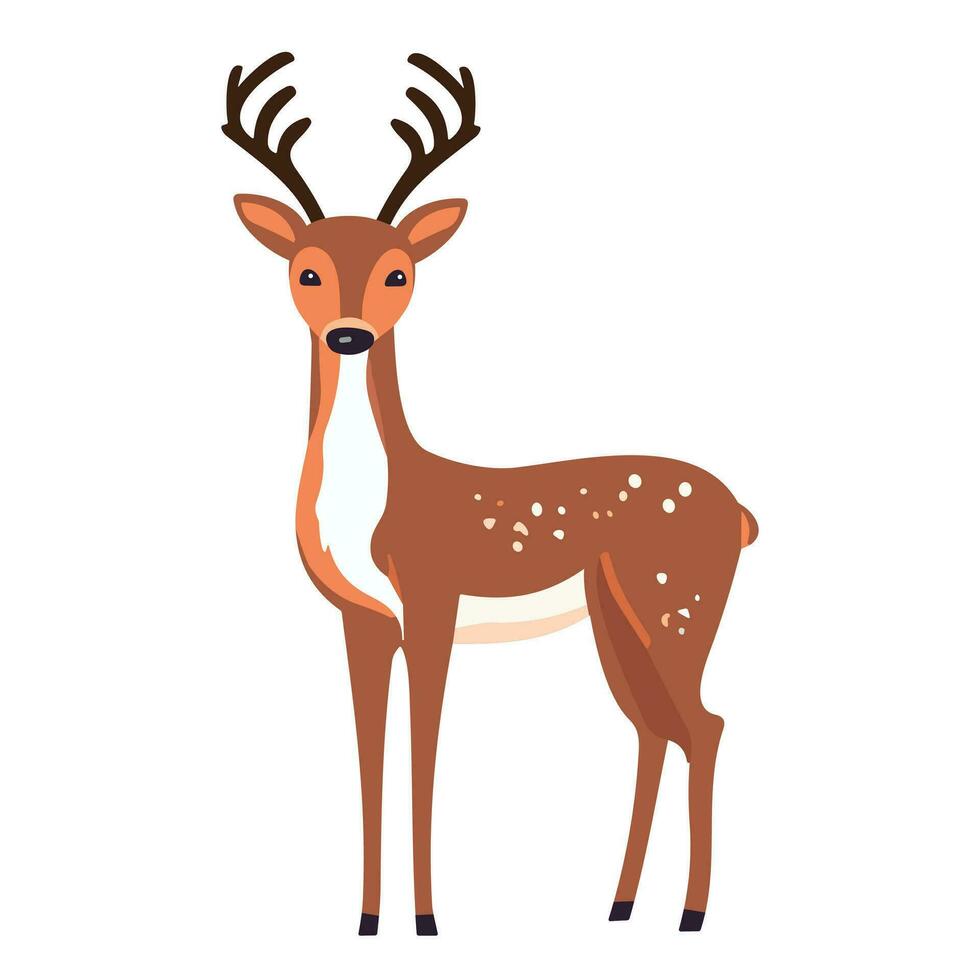 Cute deer with antlers, vector illustration. Standing cute deer. Cartoon style drawing