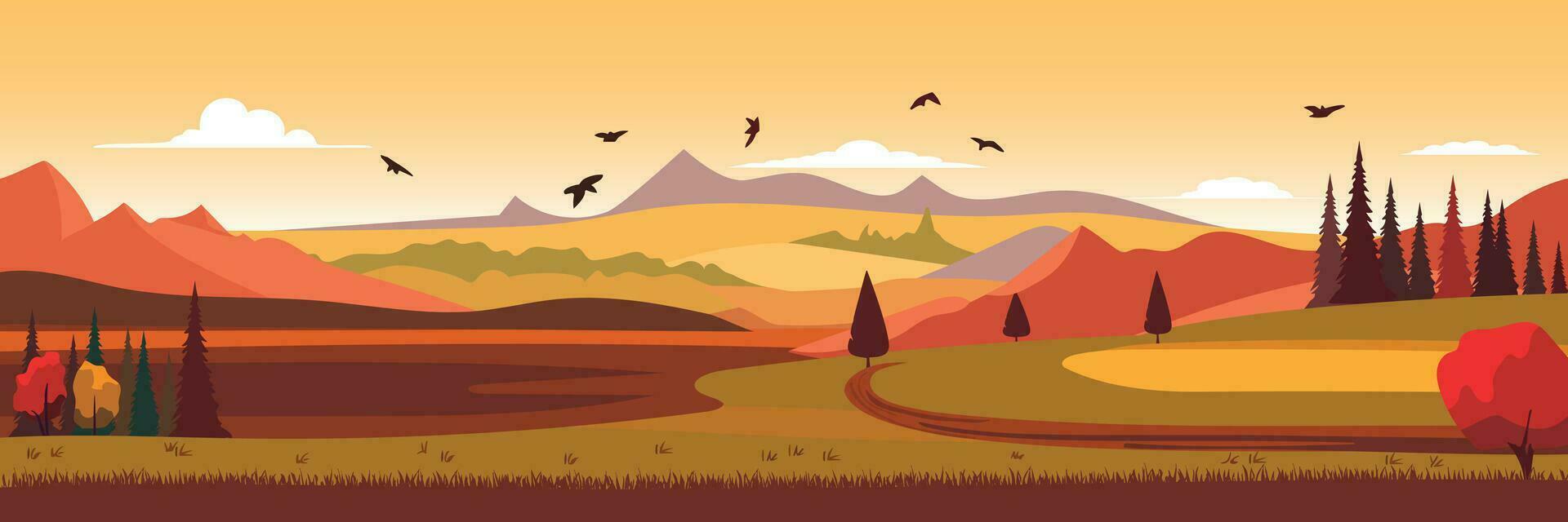 Cartoon illustration of the autumn rural landscape. Fall nature view. Vector illustration.