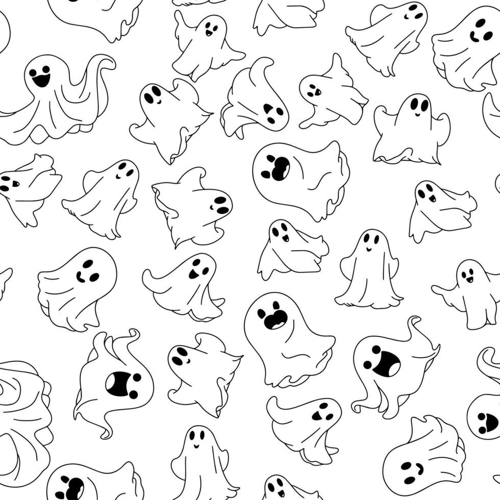 Seamless ghost pattern in doodle style on white background. Vector illustration.