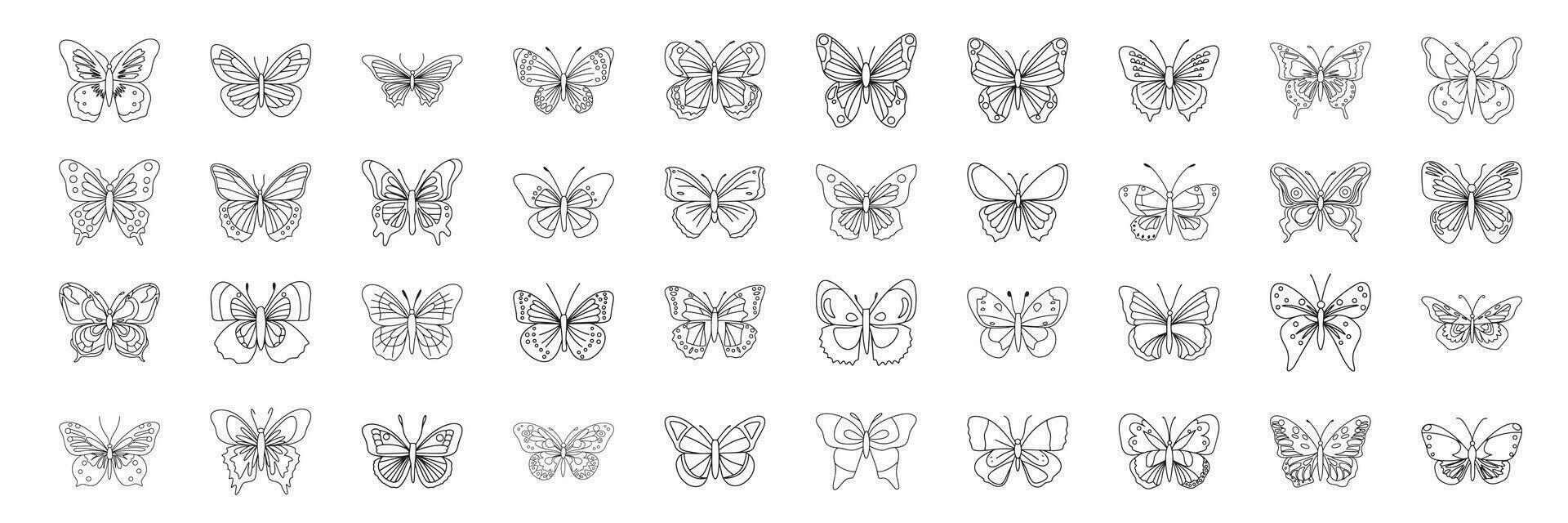 Large collection of butterflies in doodle style. Set of abstract butterfly. Simple hand drawn elements for coloring book. Vector illustration.