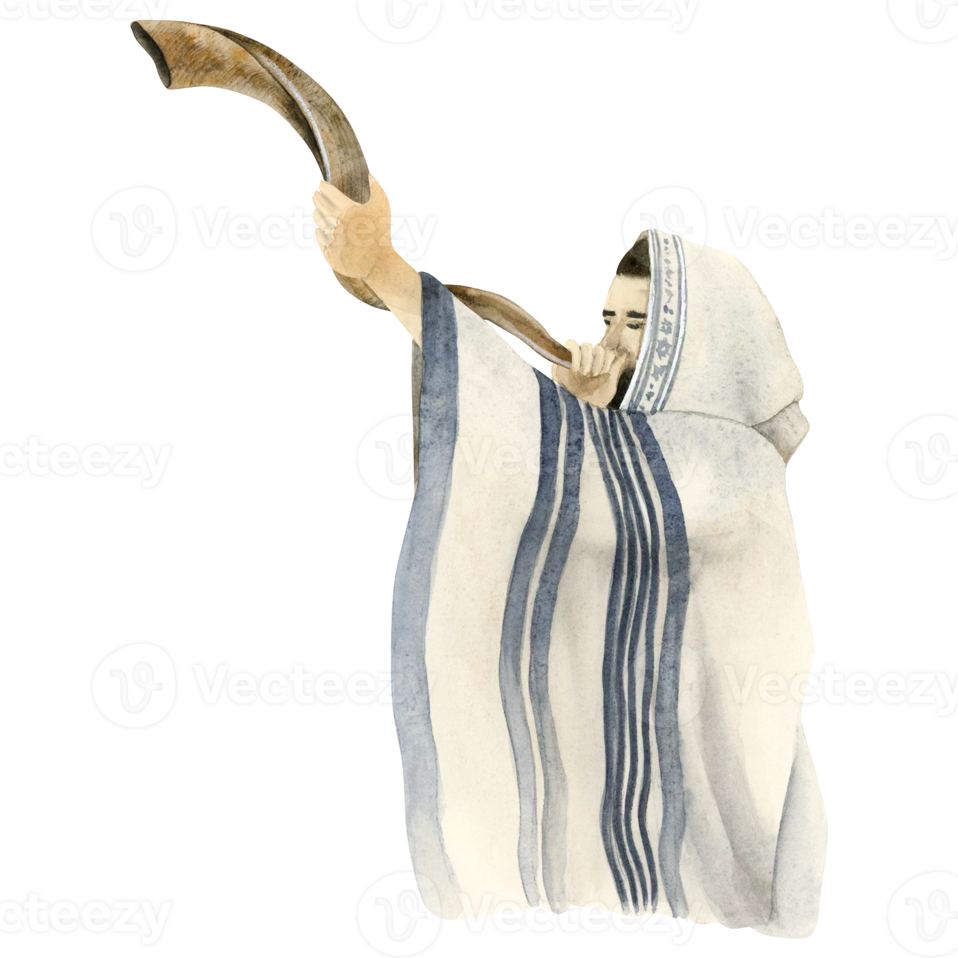 Shofar blowing by Jewish man in talit on Yom Kippur and Rosh Hashanah