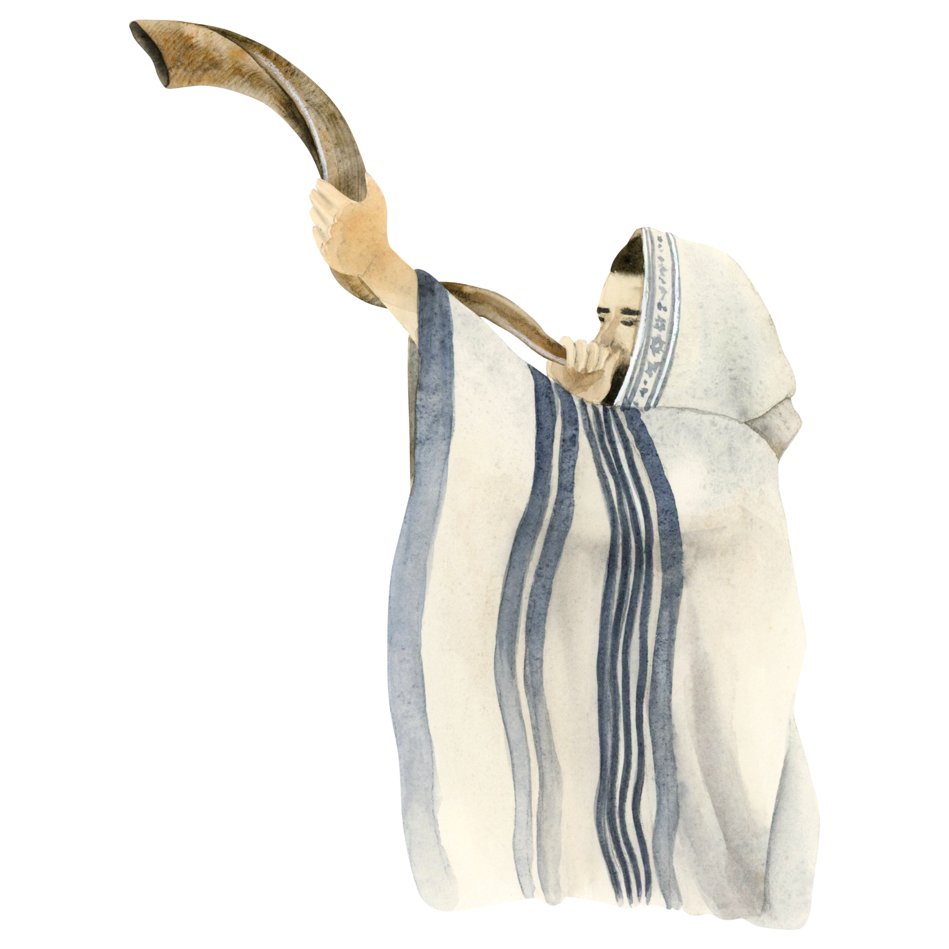 Shofar blowing by Jewish man in talit on Yom Kippur and Rosh Hashanah