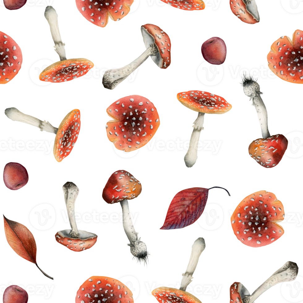 flyga agaric vattenfärg sömlös mönster med röd amanita muscaria och falla löv. skog illustration med svamp för vävning, textilier, utskrift, förpackning png