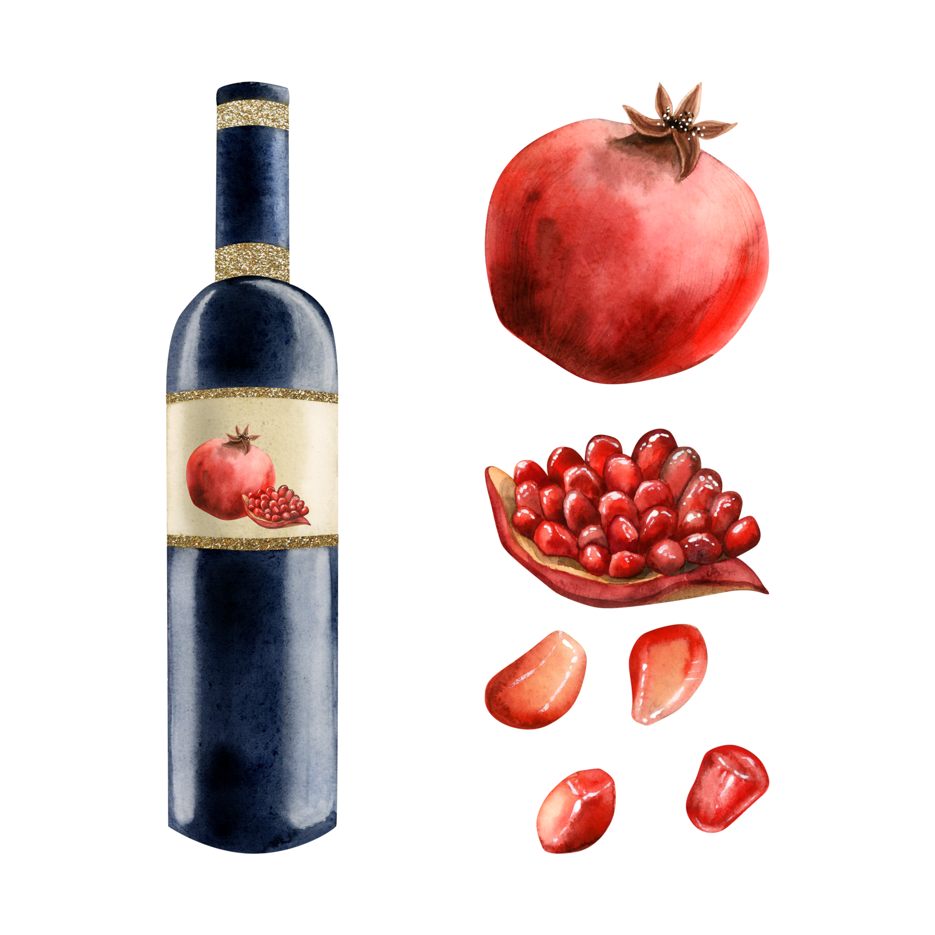 https://static.vecteezy.com/system/resources/previews/026/560/179/original/watercolor-pomegranate-red-wine-bottle-with-fruits-pieces-and-seeds-illustration-png.png