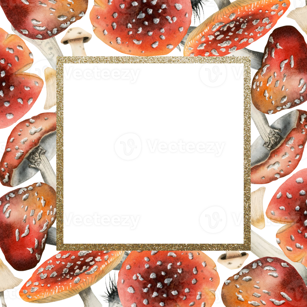 Square red fly agarics mushrooms frame with gold border watercolor illustration. Social media, flyer or invitation template png