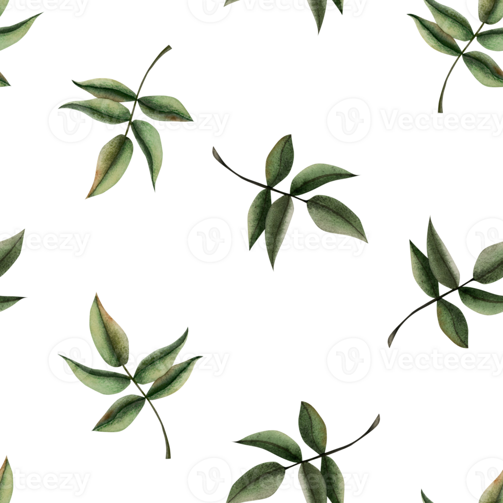Watercolor seamless pattern with green leaves, simple floral background for wrapping paper, fabric, textiles, clothing and printing png