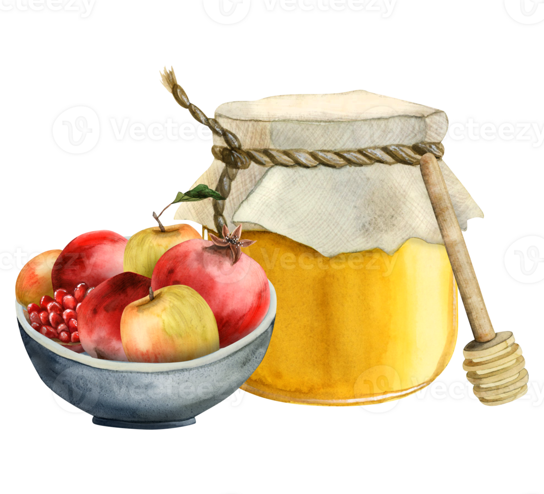 Fresh ripe pomegranate and apples in a bowl with honey jar and dipper watercolor illustration. Hand drawn Rosh Hashanah food clipart png
