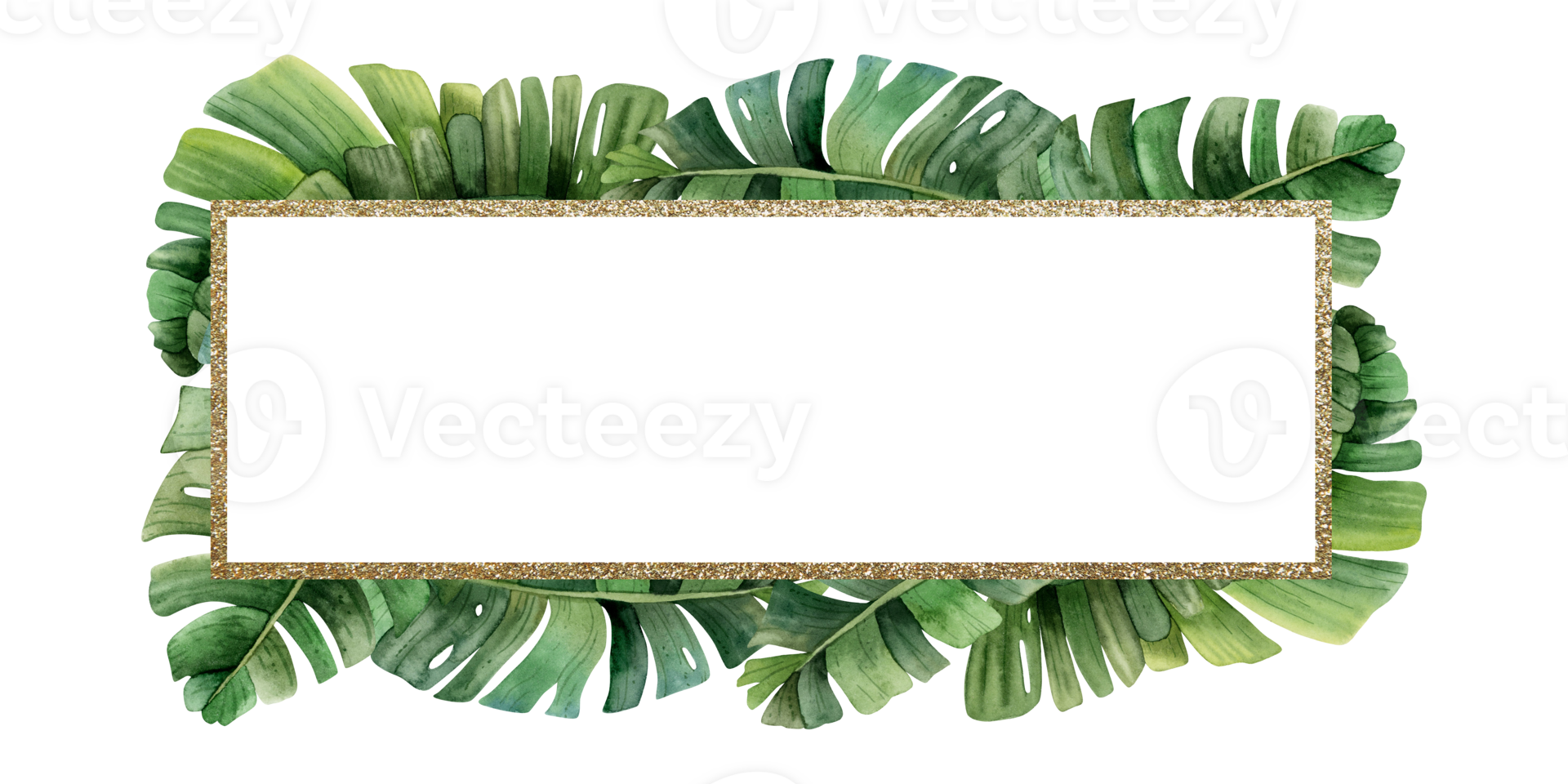 Tropical leaves horizontal banner template with gold frame. Watercolor palm tree rectangular design for cards, wedding party invitation png