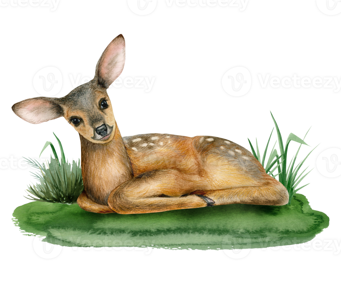 ung bebis rådjur om på gräs vattenfärg illustration av söt skog skog fawn djur- för klistermärken png