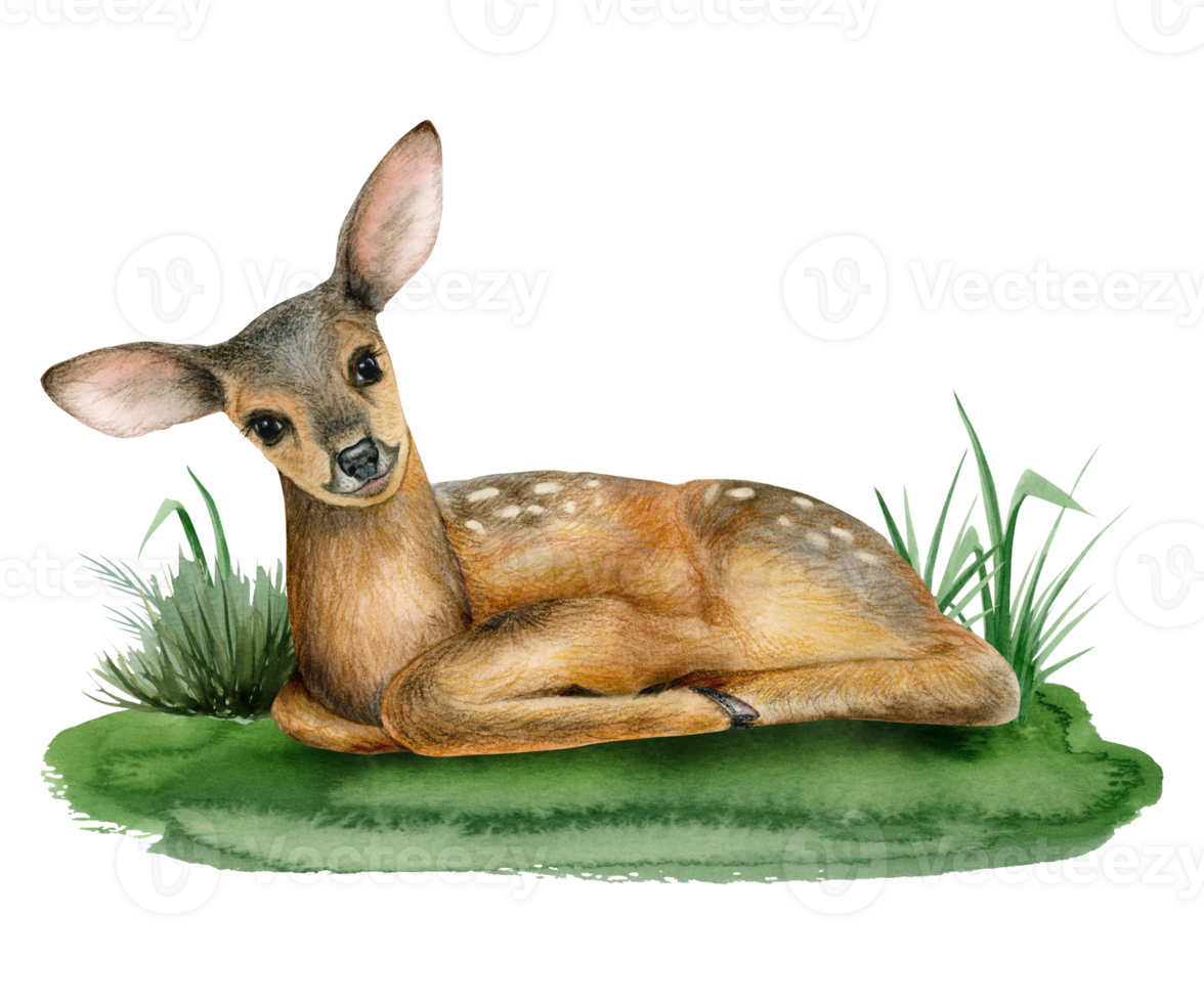 Young baby deer laying on grass watercolor illustration of cute forest woodland fawn animal for stickers png