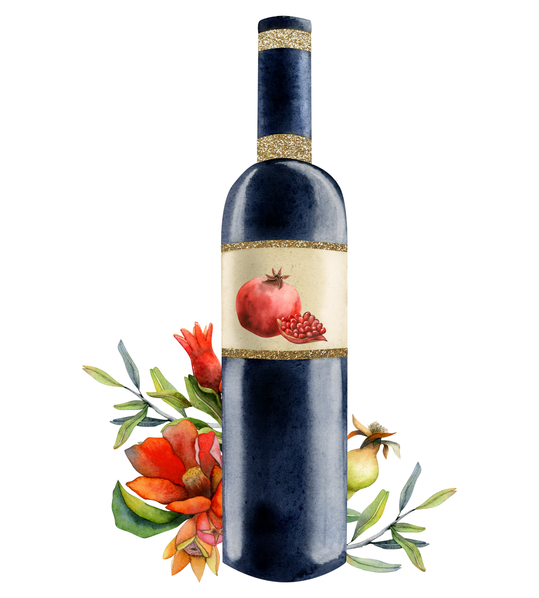 Watercolor pomegranate red wine bottle with fruits, pieces and seeds