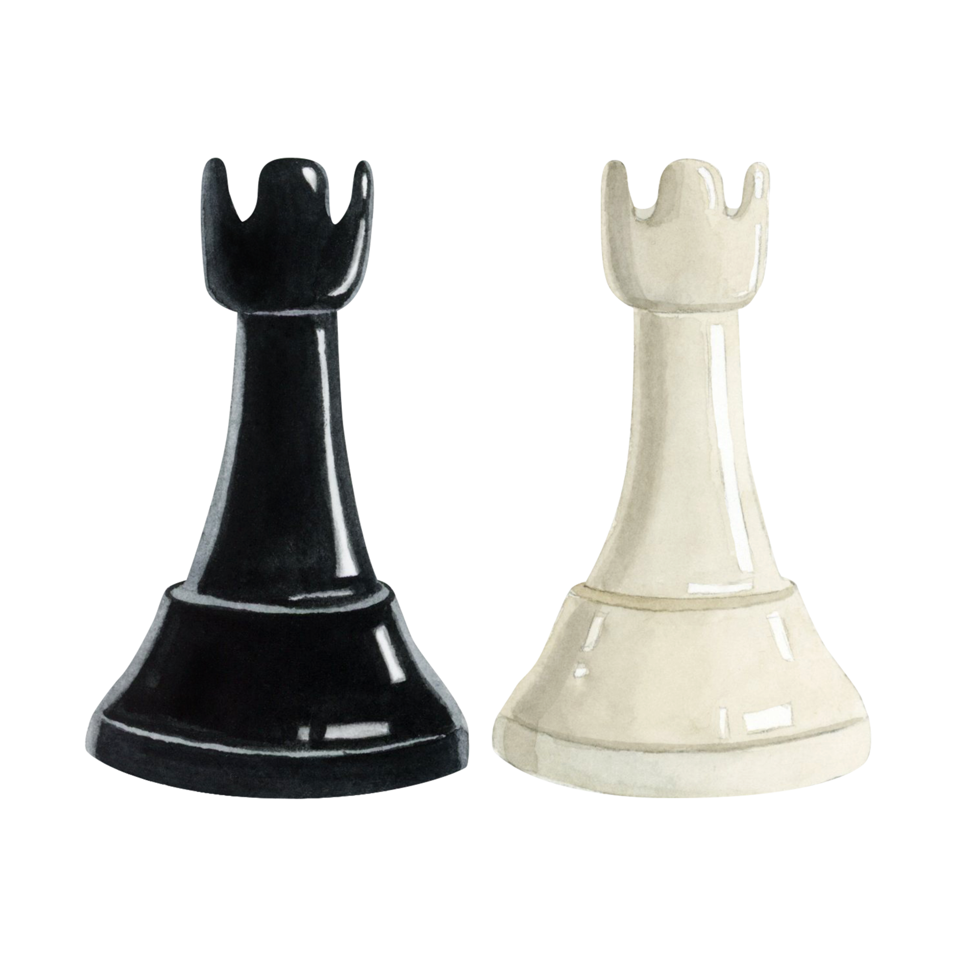 Watercolor chess rooks pieces black and white illustration. Realistic  figurines for Chess day designs, club advertisement 26560198 PNG