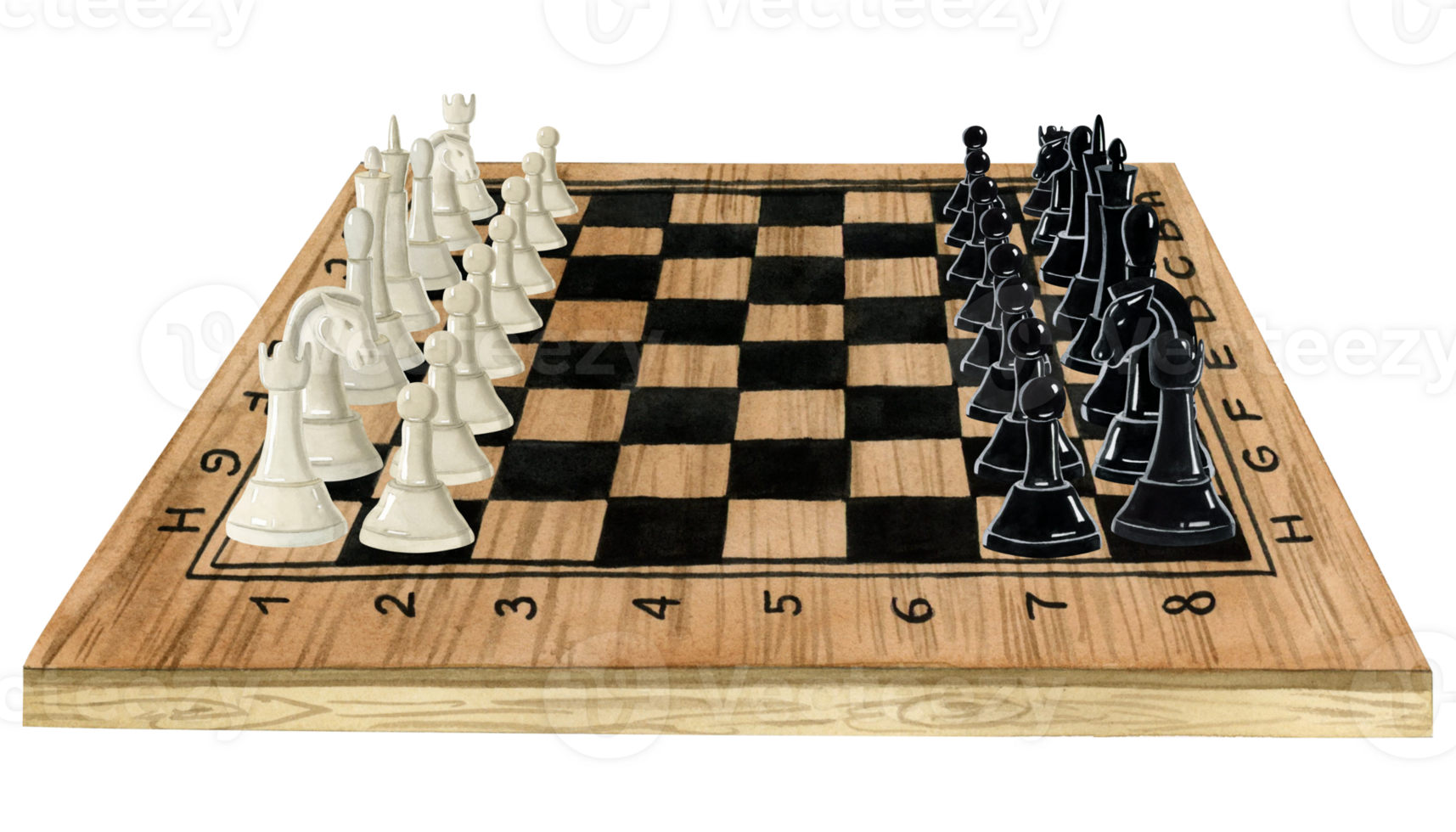 Watercolor wooden chess board with black and white pieces illustration. Hand drawn brown desk with figures for beginning of the game png