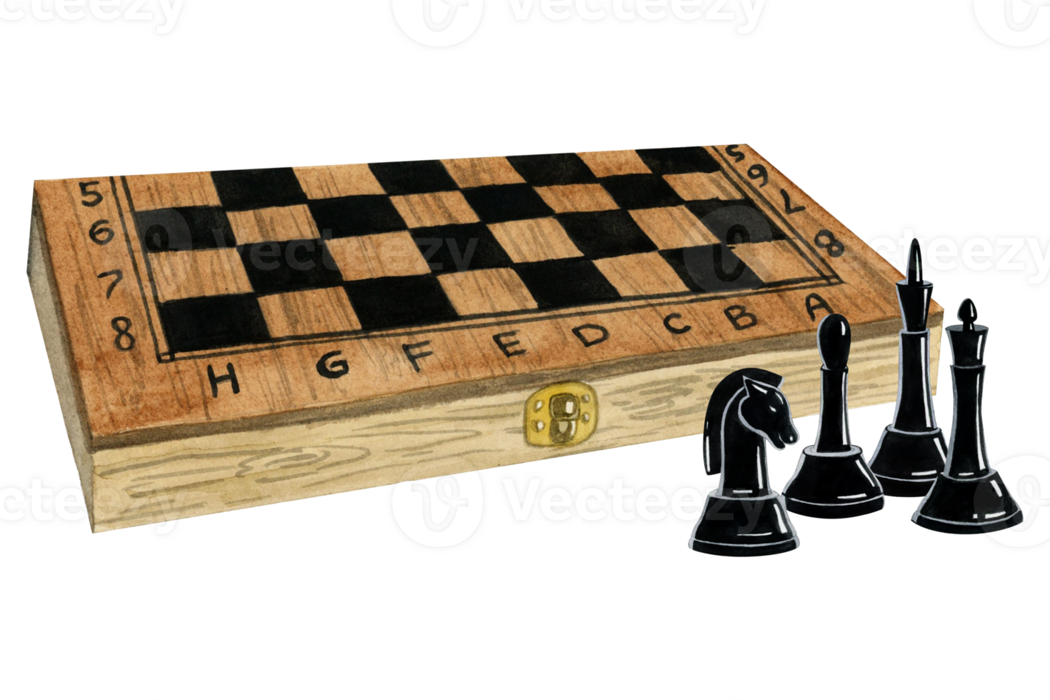 Watercolor closed wooden chess board box with black figures of king, queen, bishop and knight illustration for intellectual game clubs, quests and quizzes png