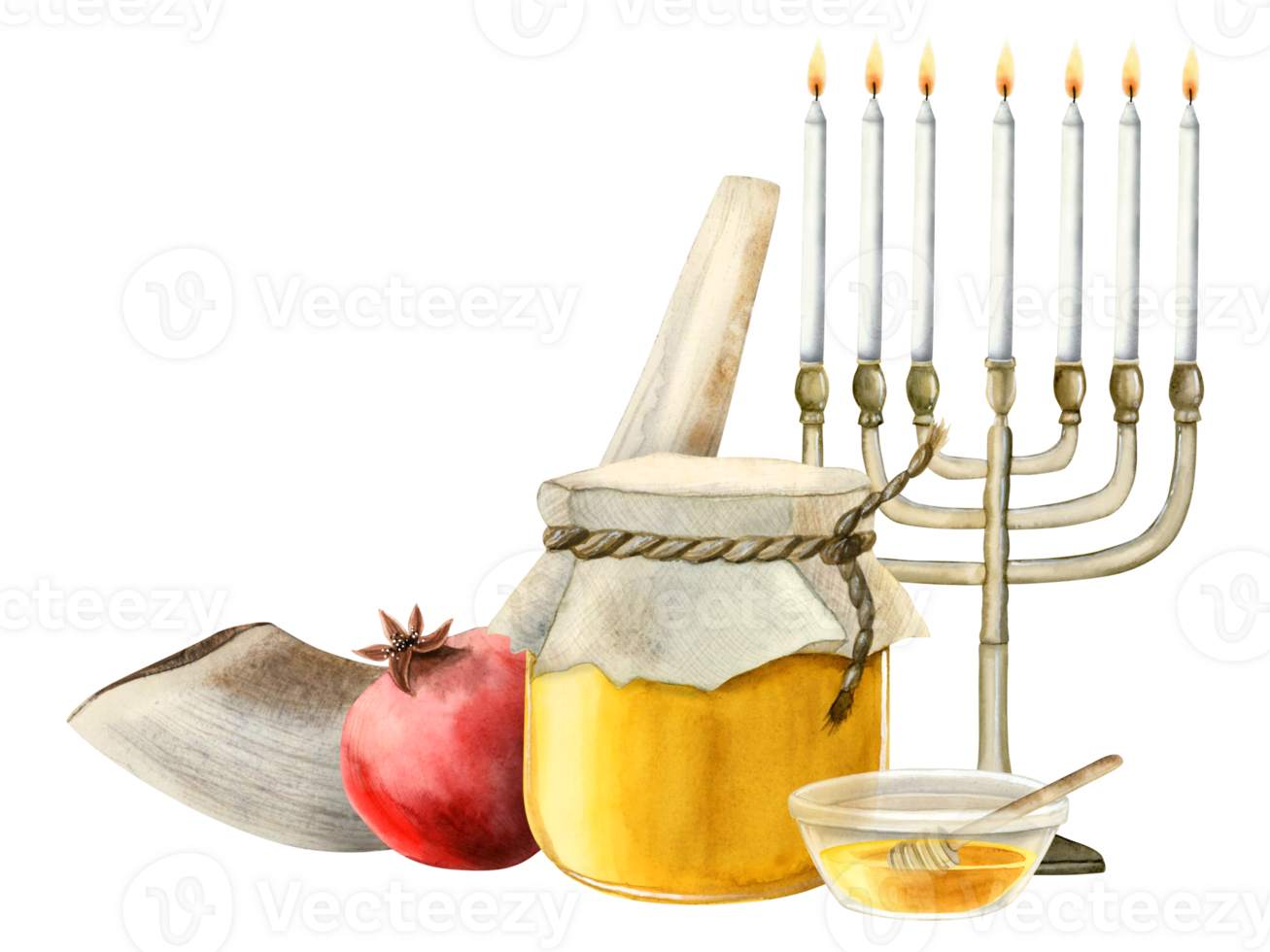 Rosh Hashanah symbols horizontal greeting banner with honey jar, menorah, shofar horn and pomegranate watercolor illustration png