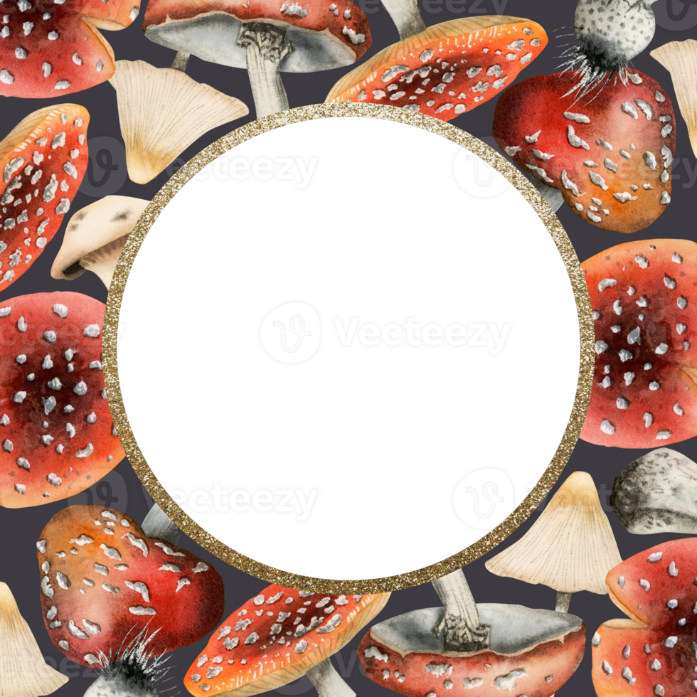 Red fly agarics mushrooms round frame with gold border on dark background watercolor illustration. Social media square template png