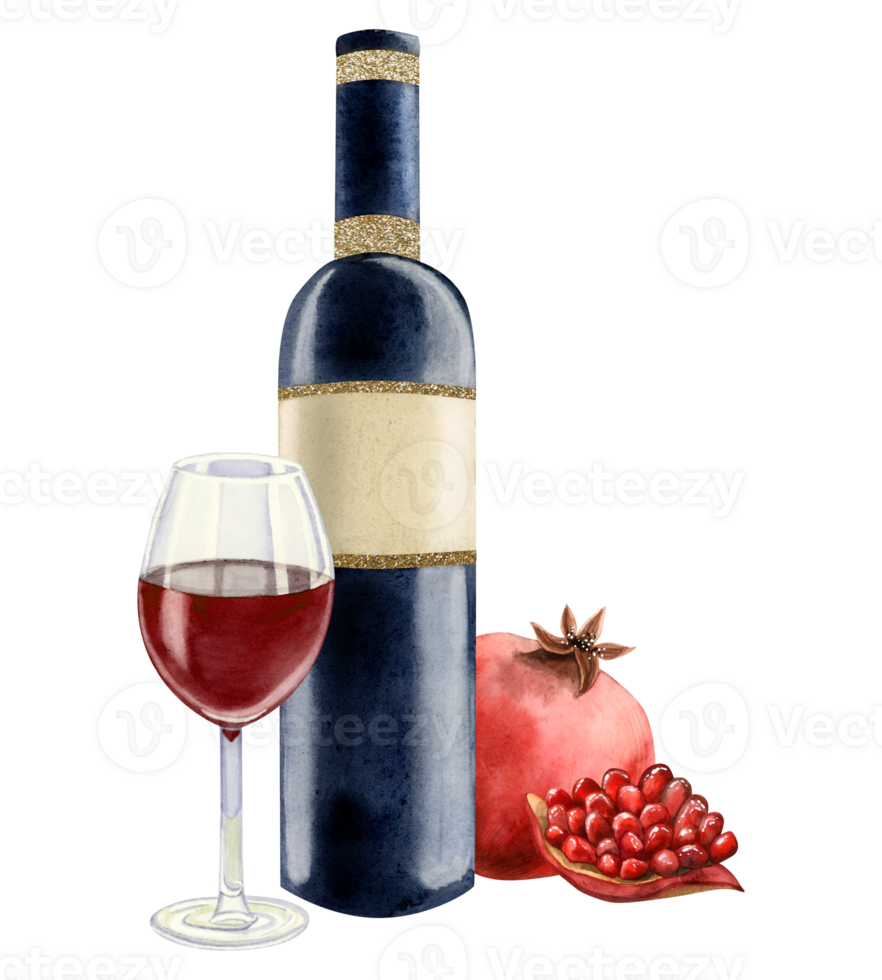 Watercolor pomegranate red wine bottle and glass with whole fruit and slice illustration for winery and menus png