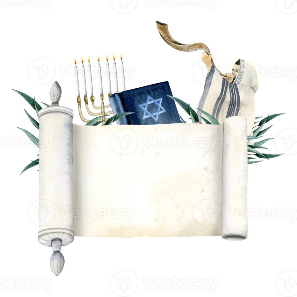 Blank Torah scroll with Yom Kippur symbols banner template watercolor illustration for Jewish New year and Atonement day with menorah, book, shofar. png