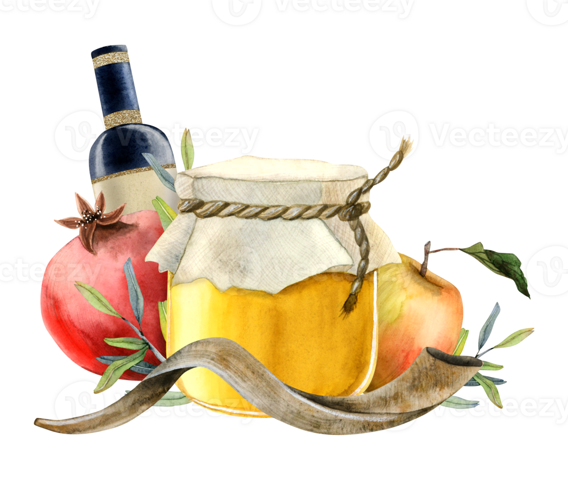 gelukkig Rosh hashanah groet kaart sjabloon met honing kan, granaatappel fruit en bladeren, appel, sjofar Hoorn, rood wijn fles waterverf illustratie png