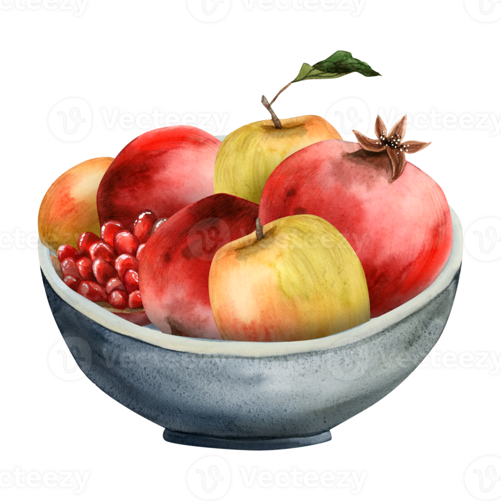 Fresh ripe fruits in a bowl with pomegranates and apples watercolor illustration. Hand drawn Rosh Hashanah clipart png