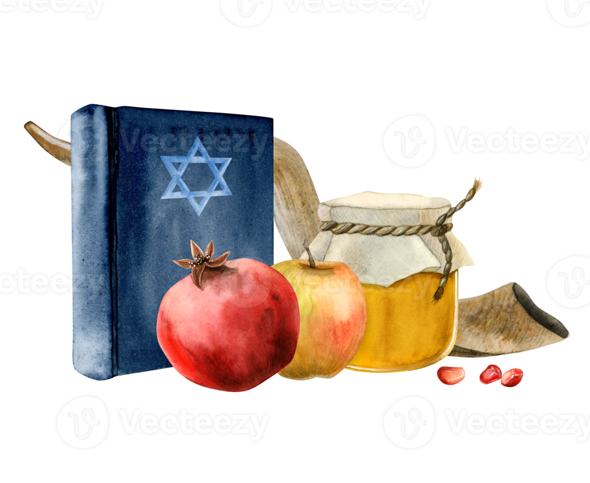 Watercolor Rosh Hashanah symbols with Torah book, star of David, honey jar, pomegranate fruit and apple, long shofar horn illustration for Jewish new year and yom kippur png