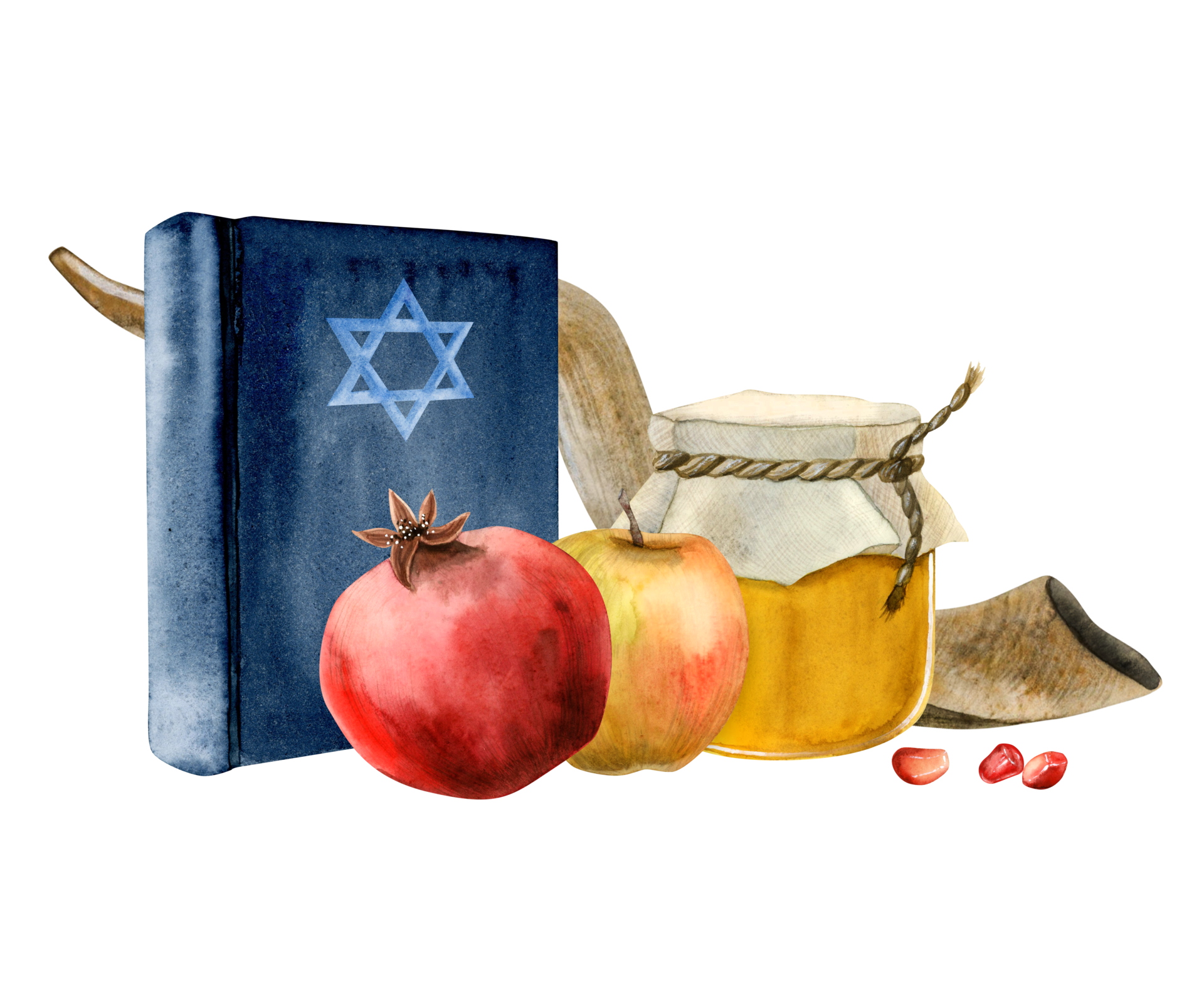 Watercolor Rosh Hashanah symbols with Torah book, star of David, honey